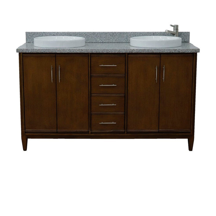 Bellaterra Home MCM 61" 4-Door 3-Drawer Walnut Freestanding Vanity Set With Ceramic Double Vessel Sink and Gray Granite Top - Luxe Vanity & Tub