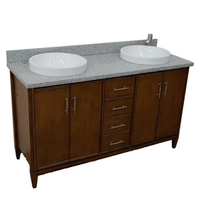 Bellaterra Home MCM 61" 4-Door 3-Drawer Walnut Freestanding Vanity Set With Ceramic Double Vessel Sink and Gray Granite Top - Luxe Vanity & Tub