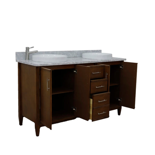 Bellaterra Home MCM 61" 4-Door 3-Drawer Walnut Freestanding Vanity Set With Ceramic Double Vessel Sink and White Carrara Marble Top - Luxe Vanity & Tub