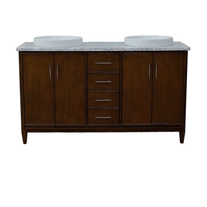 Bellaterra Home MCM 61" 4-Door 3-Drawer Walnut Freestanding Vanity Set With Ceramic Double Vessel Sink and White Carrara Marble Top - Luxe Vanity & Tub