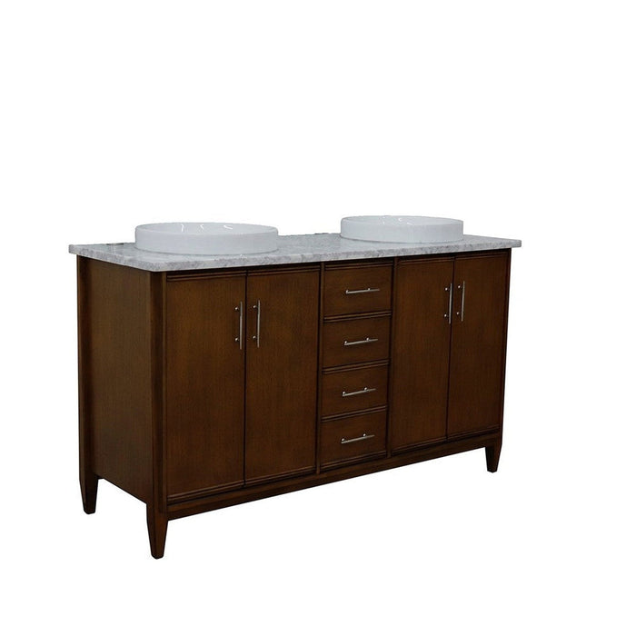 Bellaterra Home MCM 61" 4-Door 3-Drawer Walnut Freestanding Vanity Set With Ceramic Double Vessel Sink and White Carrara Marble Top - Luxe Vanity & Tub