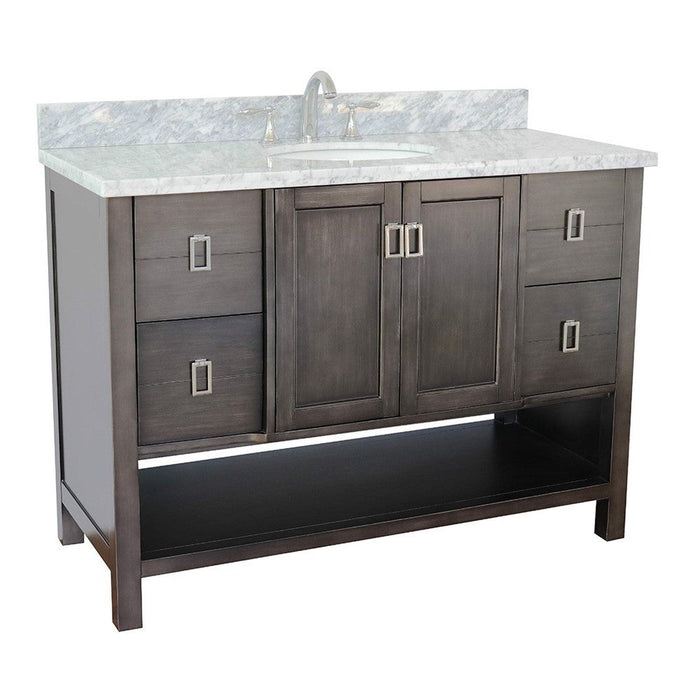 Bellaterra Home Monterey 49" 2-Door 4-Drawer Silvery Brown Freestanding Vanity Set With Ceramic Undermount Oval Sink and White Carrara Marble Top - Luxe Vanity & Tub