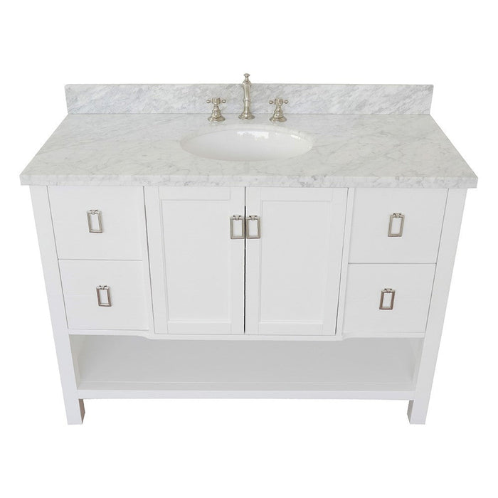 Bellaterra Home Monterey 49" 2-Door 4-Drawer White Freestanding Vanity Set With Ceramic Undermount Oval Sink and White Carrara Marble Top - Luxe Vanity & Tub