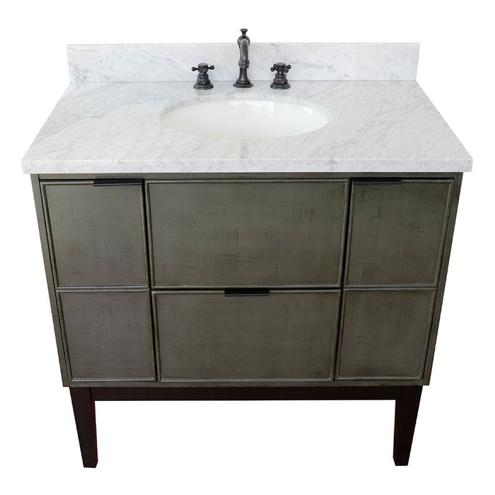 Bellaterra Home Paris 37" 2-Door 1-Drawer Linen Gray Freestanding Vanity Set With Ceramic Undermount Oval Sink and White Carrara Marble Top - Luxe Vanity & Tub