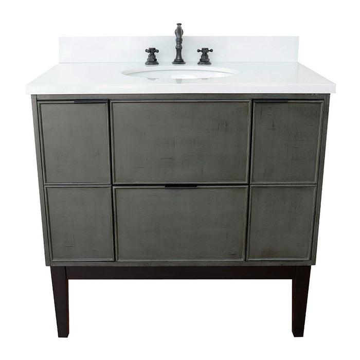 Bellaterra Home Paris 37" 2-Door 1-Drawer Linen Gray Freestanding Vanity Set With Ceramic Undermount Oval Sink and White Quartz Top - Luxe Vanity & Tub