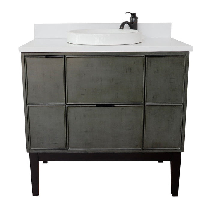 Bellaterra Home Paris 37" 2-Door 1-Drawer Linen Gray Freestanding Vanity Set With Ceramic Vessel Sink and White Quartz Top - Luxe Vanity & Tub