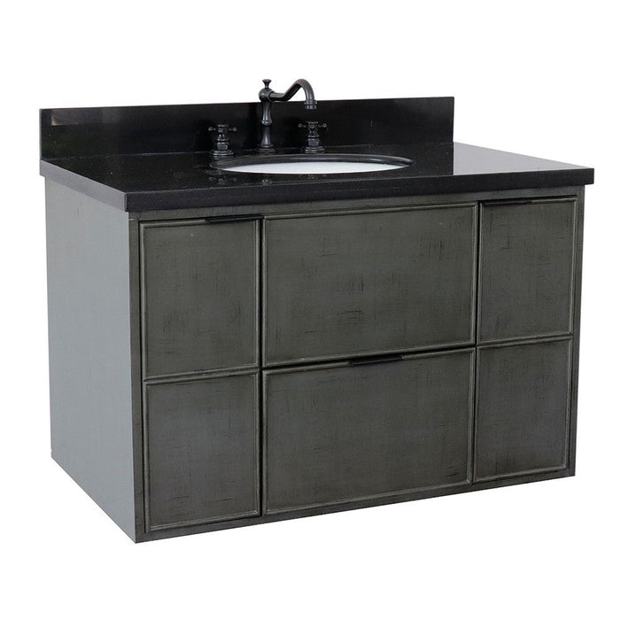 Bellaterra Home Paris 37" 2-Door 1-Drawer Linen Gray Wall-Mount Vanity Set With Ceramic Undermount Oval Sink and Black Galaxy Top - Luxe Vanity & Tub