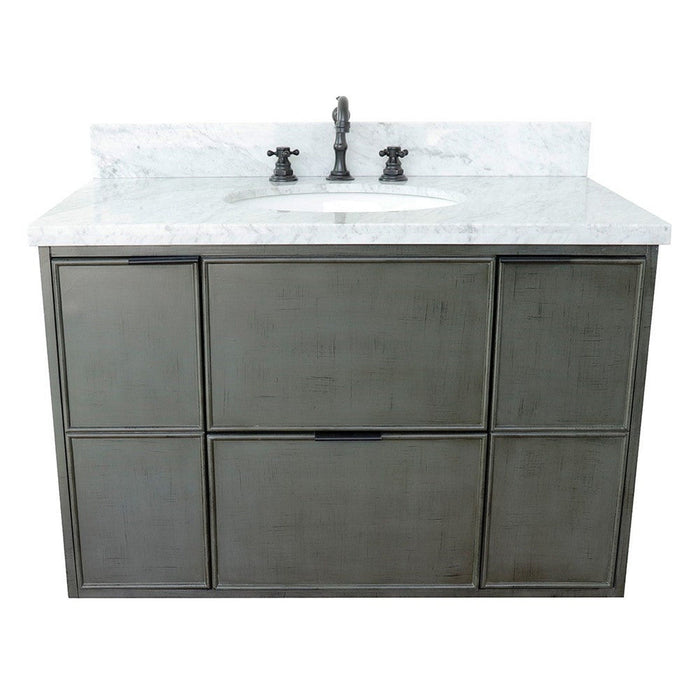 Bellaterra Home Paris 37" 2-Door 1-Drawer Linen Gray Wall-Mount Vanity Set With Ceramic Undermount Oval Sink and White Carrara Marble Top - Luxe Vanity & Tub