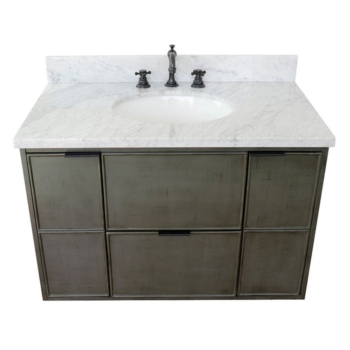 Bellaterra Home Paris 37" 2-Door 1-Drawer Linen Gray Wall-Mount Vanity Set With Ceramic Undermount Oval Sink and White Carrara Marble Top - Luxe Vanity & Tub