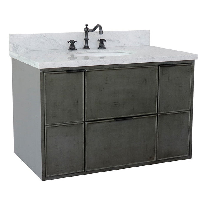 Bellaterra Home Paris 37" 2-Door 1-Drawer Linen Gray Wall-Mount Vanity Set With Ceramic Undermount Oval Sink and White Carrara Marble Top - Luxe Vanity & Tub