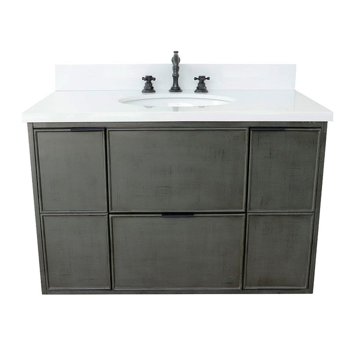 Bellaterra Home Paris 37" 2-Door 1-Drawer Linen Gray Wall-Mount Vanity Set With Ceramic Undermount Oval Sink and White Quartz Top - Luxe Vanity & Tub