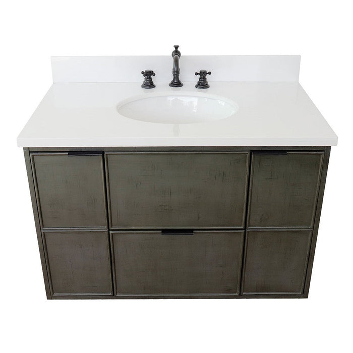 Bellaterra Home Paris 37" 2-Door 1-Drawer Linen Gray Wall-Mount Vanity Set With Ceramic Undermount Oval Sink and White Quartz Top - Luxe Vanity & Tub