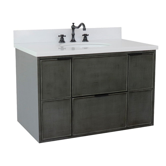 Bellaterra Home Paris 37" 2-Door 1-Drawer Linen Gray Wall-Mount Vanity Set With Ceramic Undermount Oval Sink and White Quartz Top - Luxe Vanity & Tub