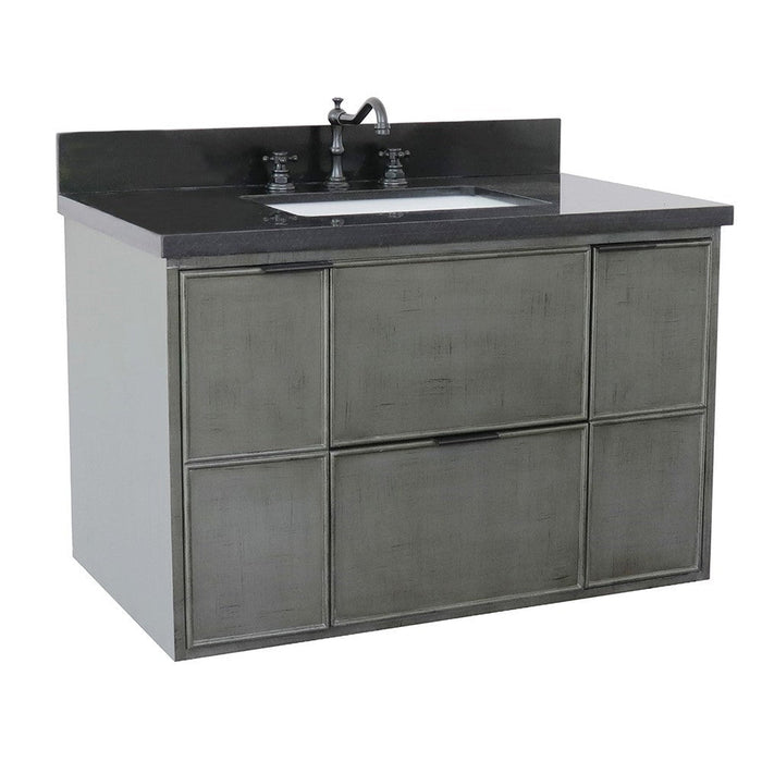 Bellaterra Home Paris 37" 2-Door 1-Drawer Linen Gray Wall-Mount Vanity Set With Ceramic Undermount Rectangular Sink and Black Galaxy Top - Luxe Vanity & Tub