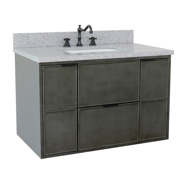 Bellaterra Home Paris 37" 2-Door 1-Drawer Linen Gray Wall-Mount Vanity Set With Ceramic Undermount Rectangular Sink and Gray Granite Top - Luxe Vanity & Tub