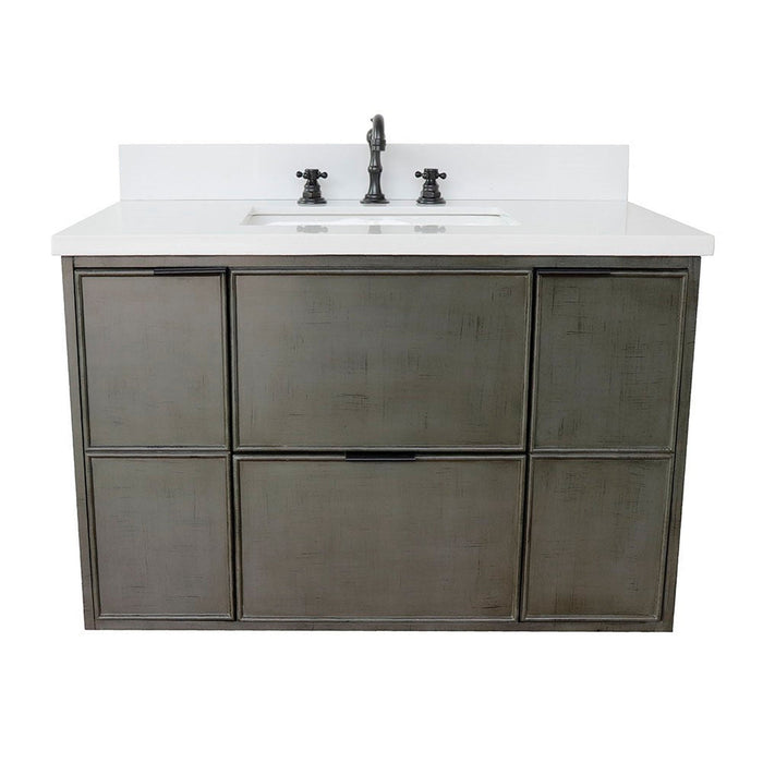 Bellaterra Home Paris 37" 2-Door 1-Drawer Linen Gray Wall-Mount Vanity Set With Ceramic Undermount Rectangular Sink and White Quartz Top - Luxe Vanity & Tub