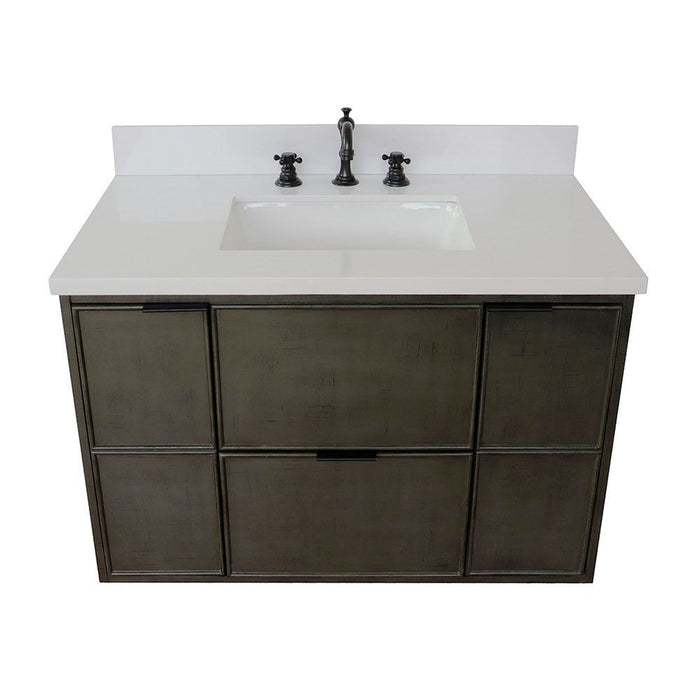 Bellaterra Home Paris 37" 2-Door 1-Drawer Linen Gray Wall-Mount Vanity Set With Ceramic Undermount Rectangular Sink and White Quartz Top - Luxe Vanity & Tub