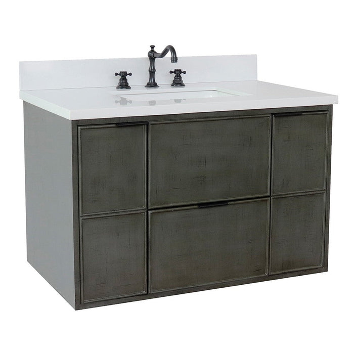 Bellaterra Home Paris 37" 2-Door 1-Drawer Linen Gray Wall-Mount Vanity Set With Ceramic Undermount Rectangular Sink and White Quartz Top - Luxe Vanity & Tub