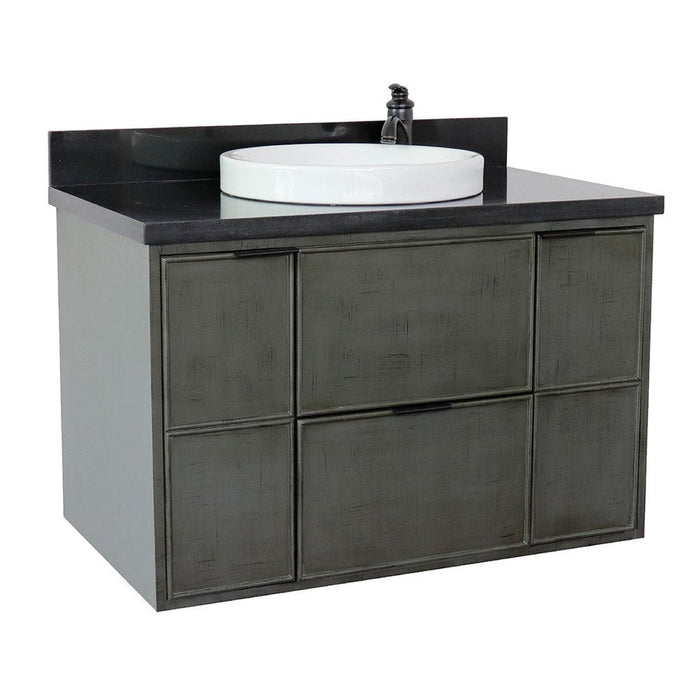 Bellaterra Home Paris 37" 2-Door 1-Drawer Linen Gray Wall-Mount Vanity Set With Ceramic Vessel Sink and Black Galaxy Top - Luxe Vanity & Tub