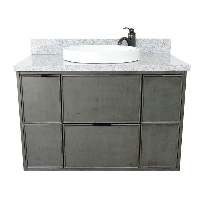 Bellaterra Home Paris 37" 2-Door 1-Drawer Linen Gray Wall-Mount Vanity Set With Ceramic Vessel Sink and Gray Granite Top - Luxe Vanity & Tub