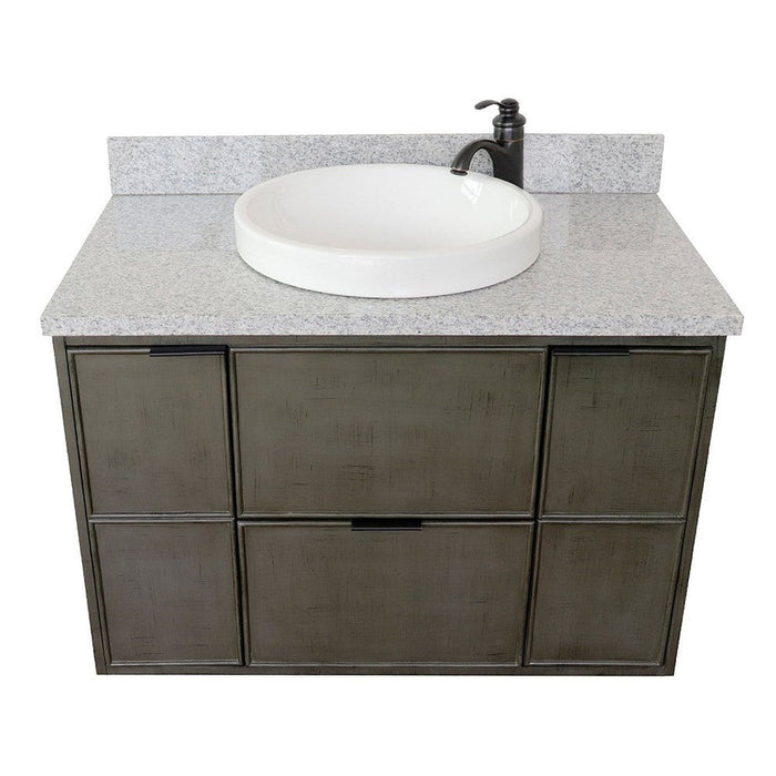 Bellaterra Home Paris 37" 2-Door 1-Drawer Linen Gray Wall-Mount Vanity Set With Ceramic Vessel Sink and Gray Granite Top - Luxe Vanity & Tub