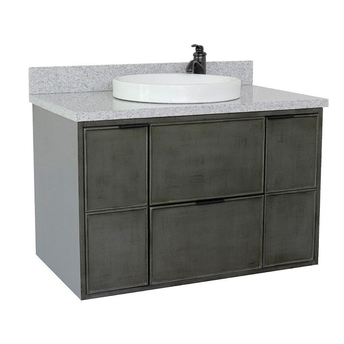 Bellaterra Home Paris 37" 2-Door 1-Drawer Linen Gray Wall-Mount Vanity Set With Ceramic Vessel Sink and Gray Granite Top - Luxe Vanity & Tub