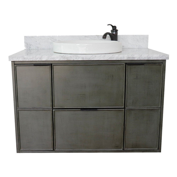 Bellaterra Home Paris 37" 2-Door 1-Drawer Linen Gray Wall-Mount Vanity Set With Ceramic Vessel Sink and White Carrara Marble Top - Luxe Vanity & Tub