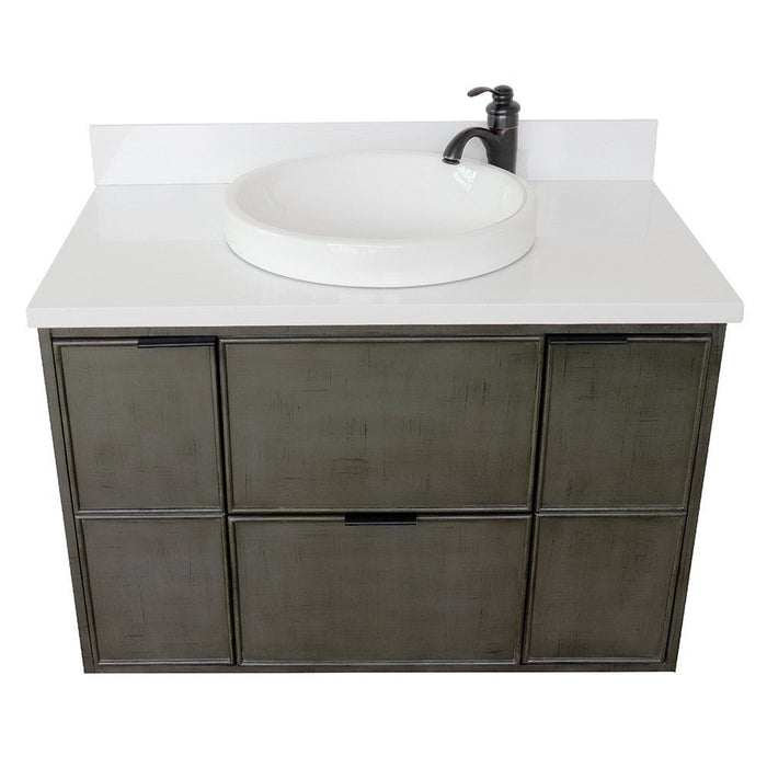 Bellaterra Home Paris 37" 2-Door 1-Drawer Linen Gray Wall-Mount Vanity Set With Ceramic Vessel Sink and White Quartz Top - Luxe Vanity & Tub