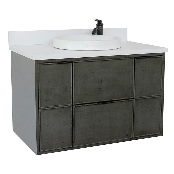 Bellaterra Home Paris 37" 2-Door 1-Drawer Linen Gray Wall-Mount Vanity Set With Ceramic Vessel Sink and White Quartz Top - Luxe Vanity & Tub