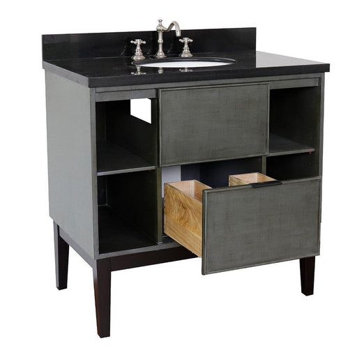 Bellaterra Home Paris Exposed 37" 1-Drawer Linen Gray Freestanding Vanity Set With Ceramic Undermount Oval Sink and Black Galaxy Top - Luxe Vanity & Tub