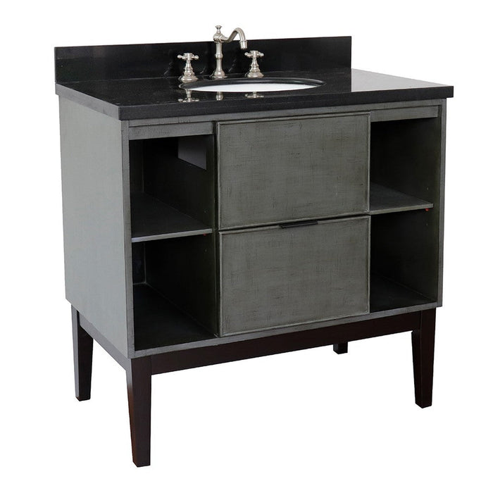 Bellaterra Home Paris Exposed 37" 1-Drawer Linen Gray Freestanding Vanity Set With Ceramic Undermount Oval Sink and Black Galaxy Top - Luxe Vanity & Tub