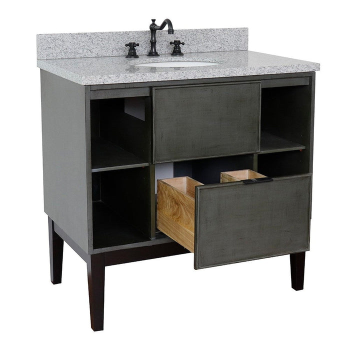 Bellaterra Home Paris Exposed 37" 1-Drawer Linen Gray Freestanding Vanity Set With Ceramic Undermount Oval Sink and Gray Granite Top - Luxe Vanity & Tub