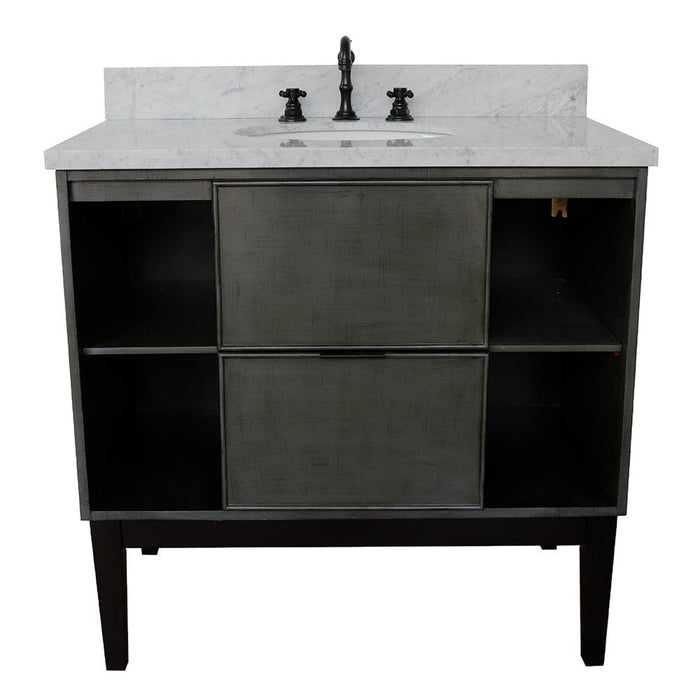 Bellaterra Home Paris Exposed 37" 1-Drawer Linen Gray Freestanding Vanity Set With Ceramic Undermount Oval Sink and White Carrara Marble Top - Luxe Vanity & Tub