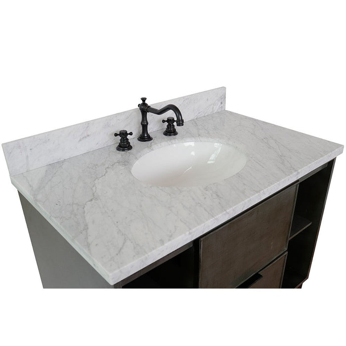 Bellaterra Home Paris Exposed 37" 1-Drawer Linen Gray Freestanding Vanity Set With Ceramic Undermount Oval Sink and White Carrara Marble Top - Luxe Vanity & Tub