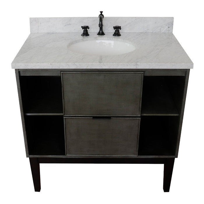 Bellaterra Home Paris Exposed 37" 1-Drawer Linen Gray Freestanding Vanity Set With Ceramic Undermount Oval Sink and White Carrara Marble Top - Luxe Vanity & Tub