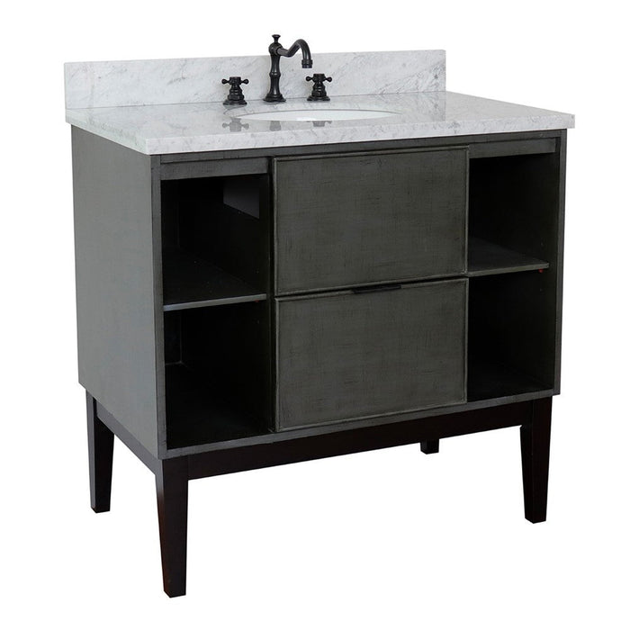 Bellaterra Home Paris Exposed 37" 1-Drawer Linen Gray Freestanding Vanity Set With Ceramic Undermount Oval Sink and White Carrara Marble Top - Luxe Vanity & Tub