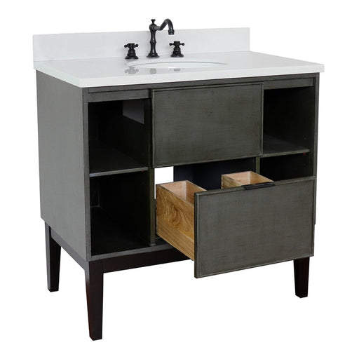 Bellaterra Home Paris Exposed 37" 1-Drawer Linen Gray Freestanding Vanity Set With Ceramic Undermount Oval Sink and White Quartz Top - Luxe Vanity & Tub