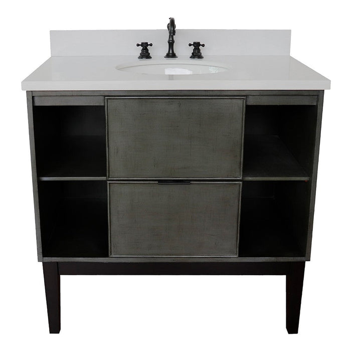 Bellaterra Home Paris Exposed 37" 1-Drawer Linen Gray Freestanding Vanity Set With Ceramic Undermount Oval Sink and White Quartz Top - Luxe Vanity & Tub