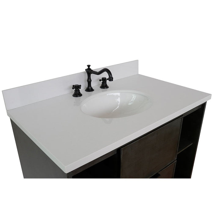 Bellaterra Home Paris Exposed 37" 1-Drawer Linen Gray Freestanding Vanity Set With Ceramic Undermount Oval Sink and White Quartz Top - Luxe Vanity & Tub