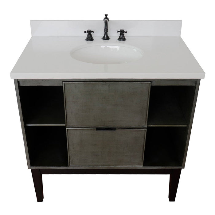 Bellaterra Home Paris Exposed 37" 1-Drawer Linen Gray Freestanding Vanity Set With Ceramic Undermount Oval Sink and White Quartz Top - Luxe Vanity & Tub