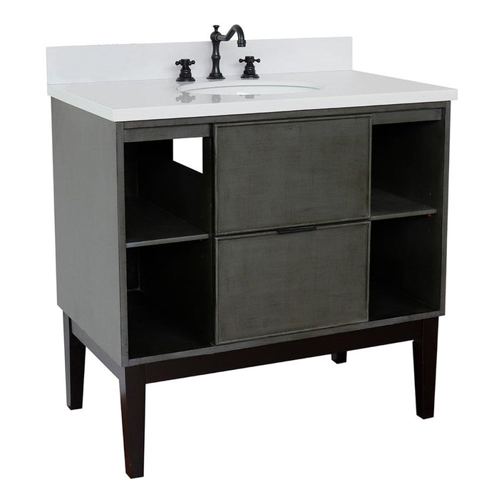 Bellaterra Home Paris Exposed 37" 1-Drawer Linen Gray Freestanding Vanity Set With Ceramic Undermount Oval Sink and White Quartz Top - Luxe Vanity & Tub