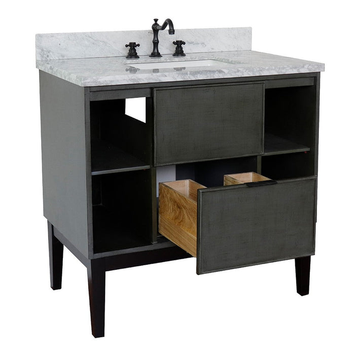 Bellaterra Home Paris Exposed 37" 1-Drawer Linen Gray Freestanding Vanity Set With Ceramic Undermount Rectangular Sink and White Carrara Marble Top - Luxe Vanity & Tub