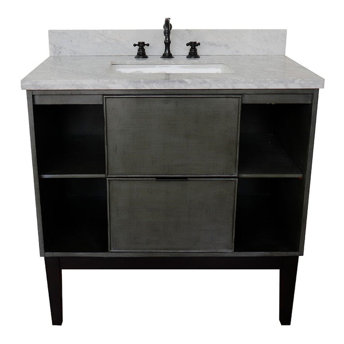 Bellaterra Home Paris Exposed 37" 1-Drawer Linen Gray Freestanding Vanity Set With Ceramic Undermount Rectangular Sink and White Carrara Marble Top - Luxe Vanity & Tub