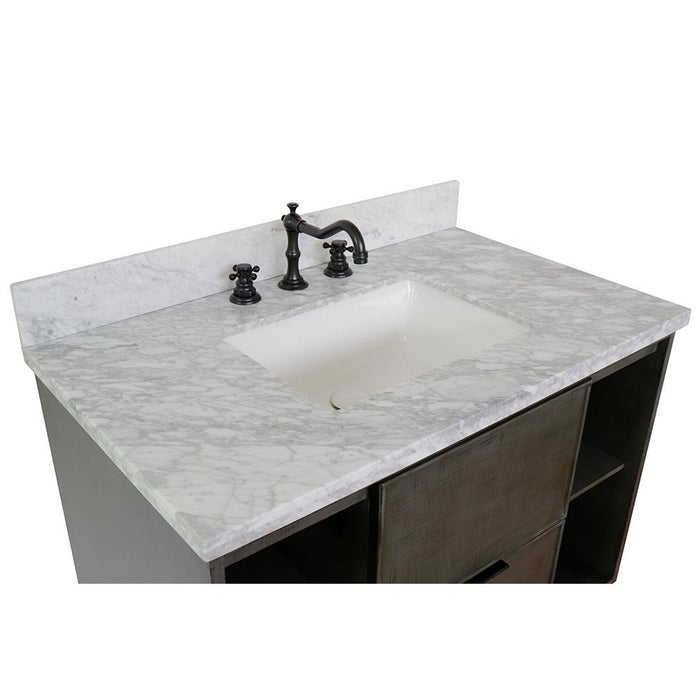 Bellaterra Home Paris Exposed 37" 1-Drawer Linen Gray Freestanding Vanity Set With Ceramic Undermount Rectangular Sink and White Carrara Marble Top - Luxe Vanity & Tub