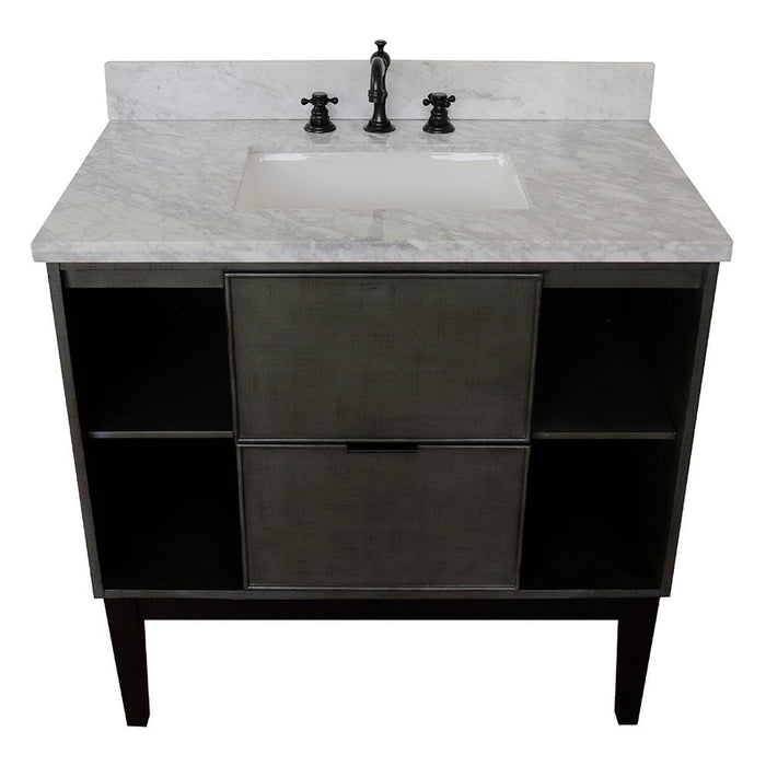 Bellaterra Home Paris Exposed 37" 1-Drawer Linen Gray Freestanding Vanity Set With Ceramic Undermount Rectangular Sink and White Carrara Marble Top - Luxe Vanity & Tub