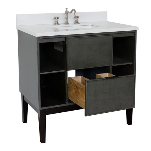 Bellaterra Home Paris Exposed 37" 1-Drawer Linen Gray Freestanding Vanity Set With Ceramic Undermount Rectangular Sink and White Quartz Top - Luxe Vanity & Tub