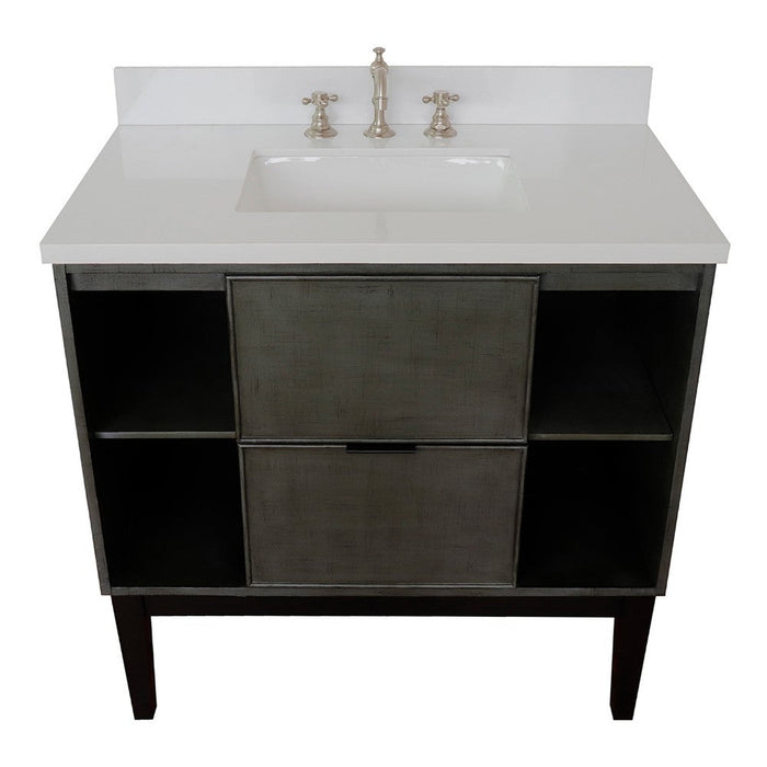 Bellaterra Home Paris Exposed 37" 1-Drawer Linen Gray Freestanding Vanity Set With Ceramic Undermount Rectangular Sink and White Quartz Top - Luxe Vanity & Tub