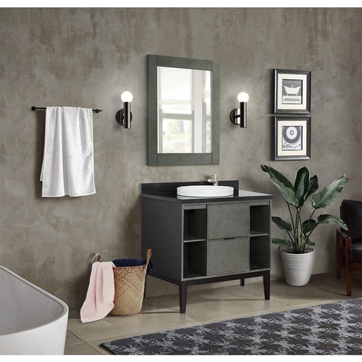 Bellaterra Home Paris Exposed 37" 1-Drawer Linen Gray Freestanding Vanity Set With Ceramic Vessel Sink and Black Galaxy Top