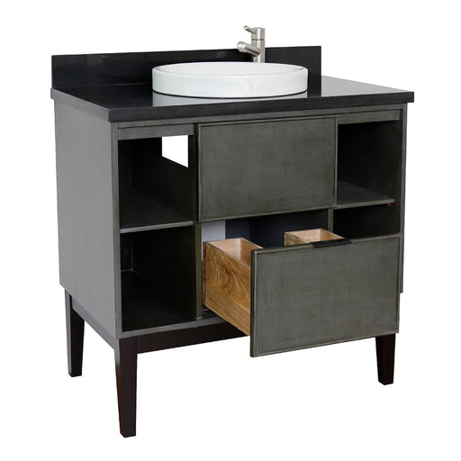 Bellaterra Home Paris Exposed 37" 1-Drawer Linen Gray Freestanding Vanity Set With Ceramic Vessel Sink and Black Galaxy Top - Luxe Vanity & Tub