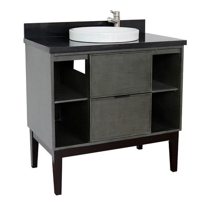 Bellaterra Home Paris Exposed 37" 1-Drawer Linen Gray Freestanding Vanity Set With Ceramic Vessel Sink and Black Galaxy Top - Luxe Vanity & Tub